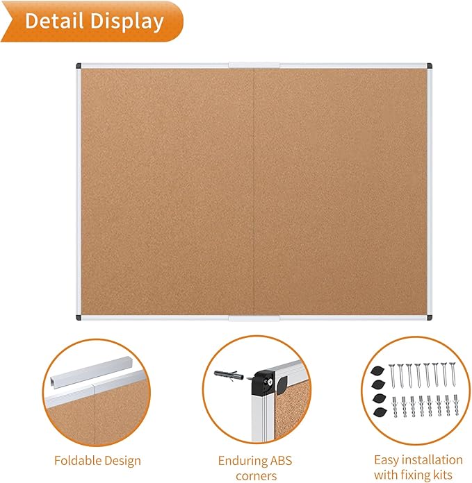 VIZ-PRO Cork Bulletin Board/Foldable Noticeboard, 36 X 24 Inches, Silver Aluminium Frame