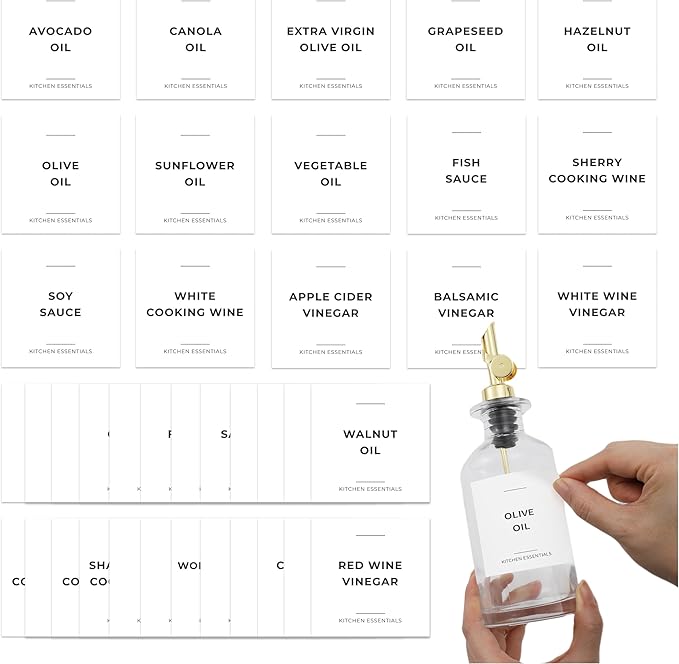 Olive Oil Labels for Glass Bottles - 2.5" x 2.5" Waterproof & Oil-Proof Kitchen PVC Sticker Labels for Oils, Vinegars, Sauces, Cooking Wines & Condiments - Minimalist White, 39pcs