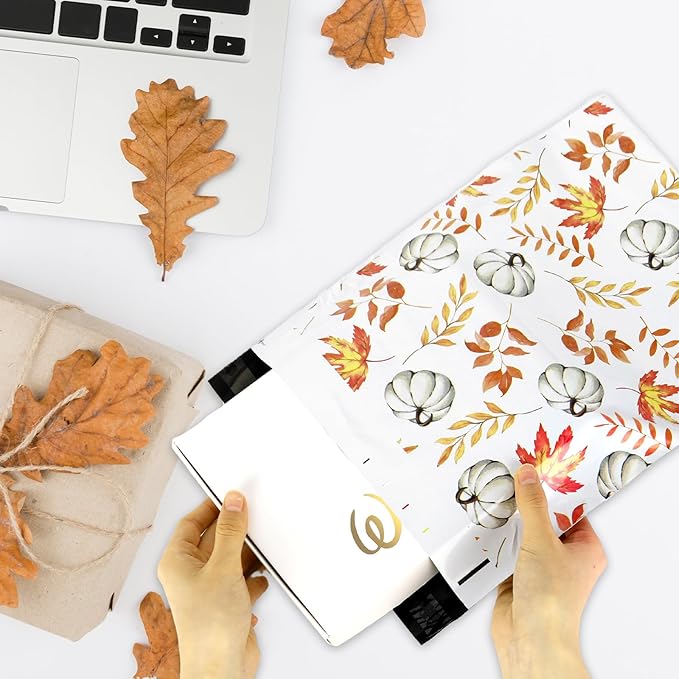 100Pcs Fall Poly Mailers 10 x 13 Inch Pumpkin Leaves Autumn Mailing Bags Thanksgiving White Orange Self-Sealing Plastic Packaging Envelopes Bags Shipping Bags for Small Business Clothing