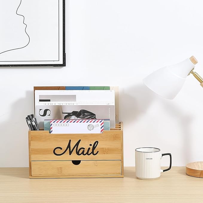 Qozary Mail Organizer Countertop - Adjustable Compartment Mail Letter Holder with Drawer, Bamboo Mail Sorter for Desk, Desktop File Organizer Holder, Desk Accessories Organizer for Home Office