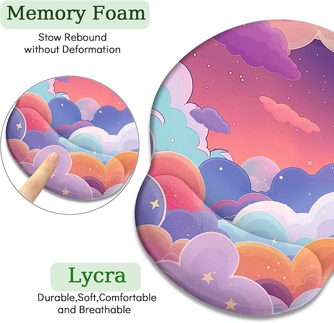 Purple Mouse Pad with Wrist Rest, Cloud Ergonomic Mouse Pad Wrist Support with Non-Slip Pain Relief PU Base, Kawaii Computer Mousepad, Cute Purple Office Desk Accessories Decor Supplies