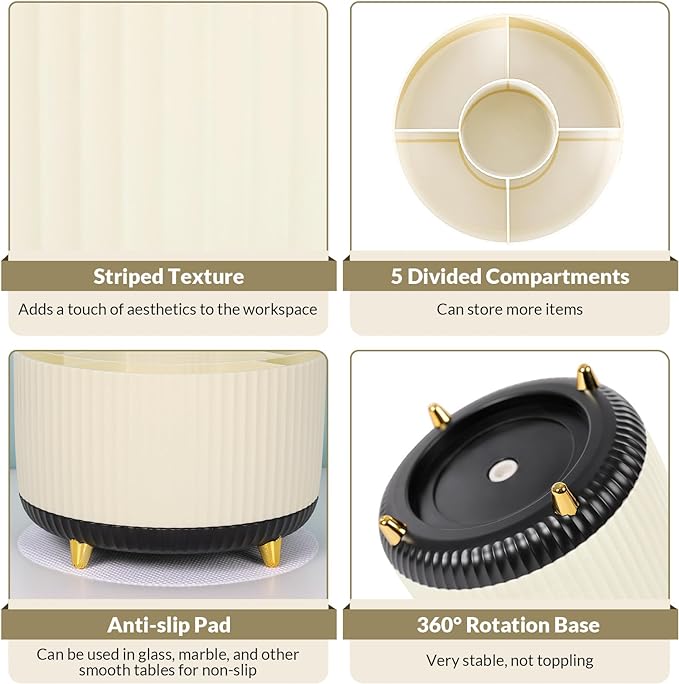 SKYDUE 360 Degree Rotating Desk Organizer, Dual-Purpose Pencil Pen Holder for Desk, Rotating Desk Pen Organizer with 5 Slots, Pencil Cup for Office, School, Home (Beige-Black)