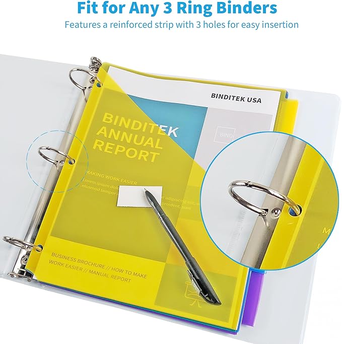 Binditek 10 Pack Plastic Dividers with Front Pocket, 5-Tab Insertable Poly Pocket Dividers for 3 Ring Binders, Letter Size, Multicolor, 2 Set, for Students and Coworkers