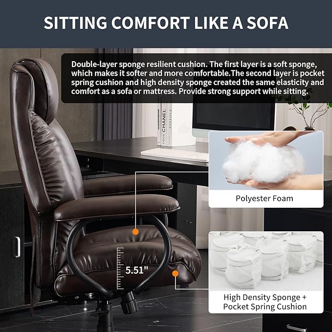 Office Chair Big and Tall, High Back Home Office Chair 400 lbs, Executive Chair, Desk Chair, Ergonomic Office Chair with Padded Armrest, Swivel Computer Chair PU Leather (Dark Brown)