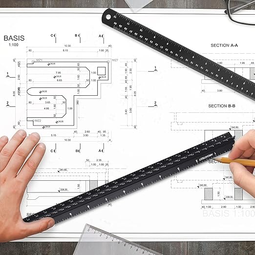 Architectural Scale Ruler with Straight Ruler, 12 Inches Imperial Measurements, Blcak Laser-Etched Aluminum Architect Triangular Ruler for Architects, Engineers, Architects, Students and Draftsman