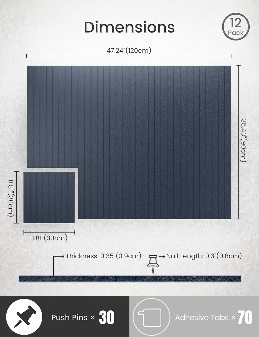 Bumusty Large Cork Board Alternative-47 x35 Felt Bulletin Board Tiles, with 30 Pushpins, 70 Adhesive Tabs, 12-Pack Slat Wall Paneling, Cork Boards for Office Push Pin Board Felt Board-Denim Blue