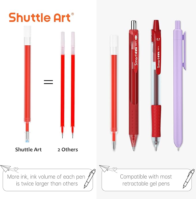 Retractable Gel Pen Refills, Shuttle Art 30 Pack Red Rollerball Gel Ink Pens Refills, Bulk Set, 0.7mm Fine Point for Writing Journaling Taking Notes School Office Home