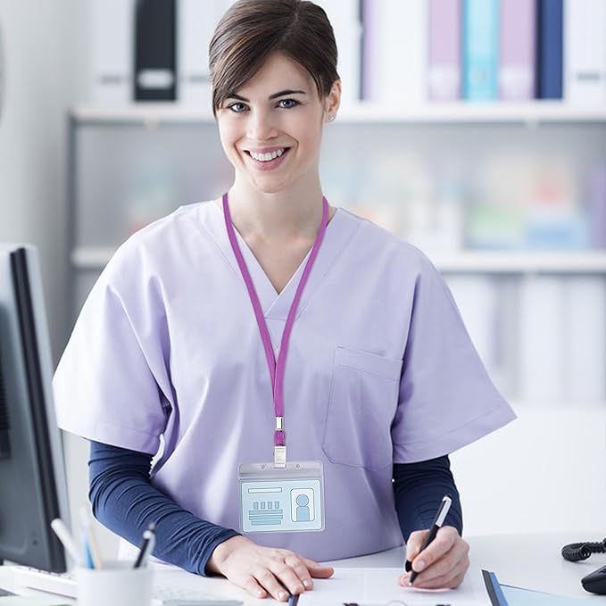 100Pcs Clear Plastic Horizontal Name Tags Badge ID Card Holders and 100Pcs Lanyards with Clip (Purple)