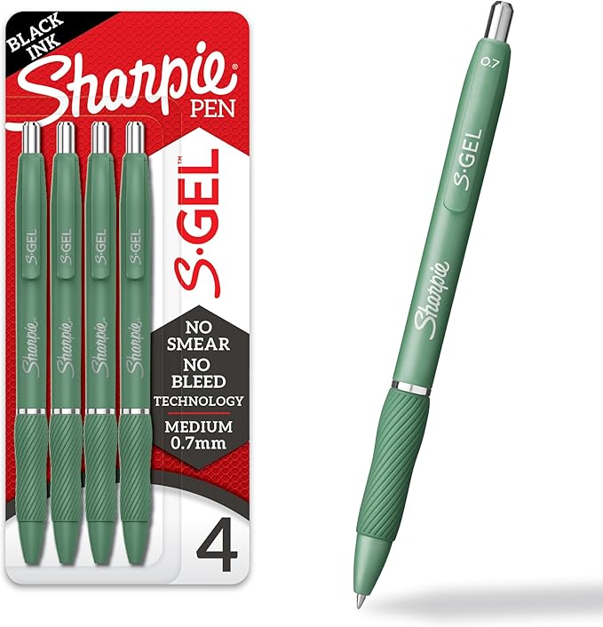 SHARPIE S-Gel, Gel Pens, Drawing Pens, Gel Ink Pens For Journaling, Writing Pens, Coloring Pens, Medium Point Pens (0.7Mm), Green Barrel, Black Ink, 4 Count