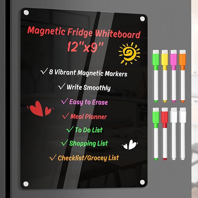 Acrylic Dry Erase Blackboard for Fridge Meal Planner Menu Board for Kitchen to do List Shopping List Grocery List Family Dinner Refrigerator Chore Chart Board 2024 Planning Board, Black