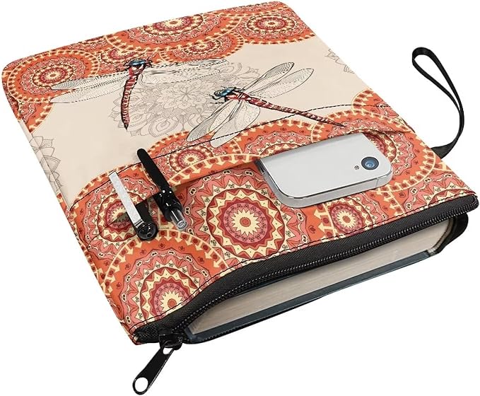 COEQINE Dragonfly Book Sleeve Vintage Mandala Book Cover for Hard Cover Paperbacks Portable Chain Front Pocket for Women Girls,Orange