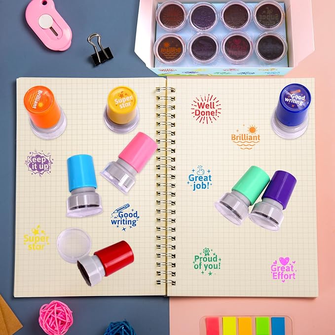 Teacher Stamps Self Inking for Classroom Rubber Stamp for Grading Homework Test Motivation Students Behavior Reward Supplies 8Pcs
