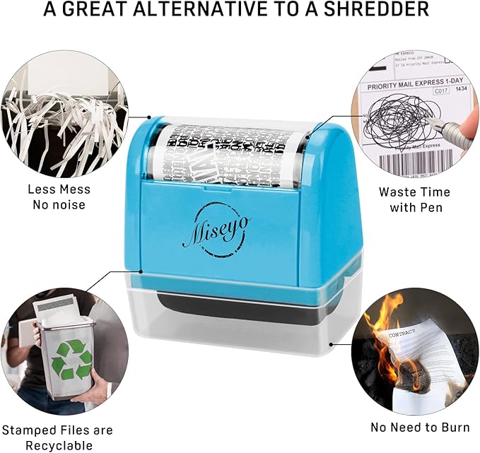 Miseyo Identity Theft Protection Roller Stamp Set - Blue (6 Refill Ink Incleded)