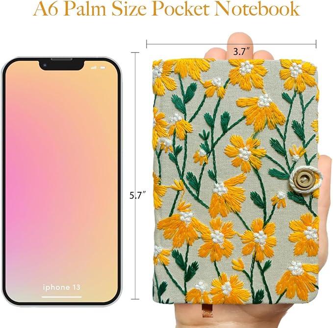 Daisy Gifts for Women, Flower Embroidered Journal, A6 Pocket Sketchbook, Small Unlined Notebook 4x6, Hardcover, Lay Flat, Cute Notebooks, Pretty Journal, Yellow Daisy