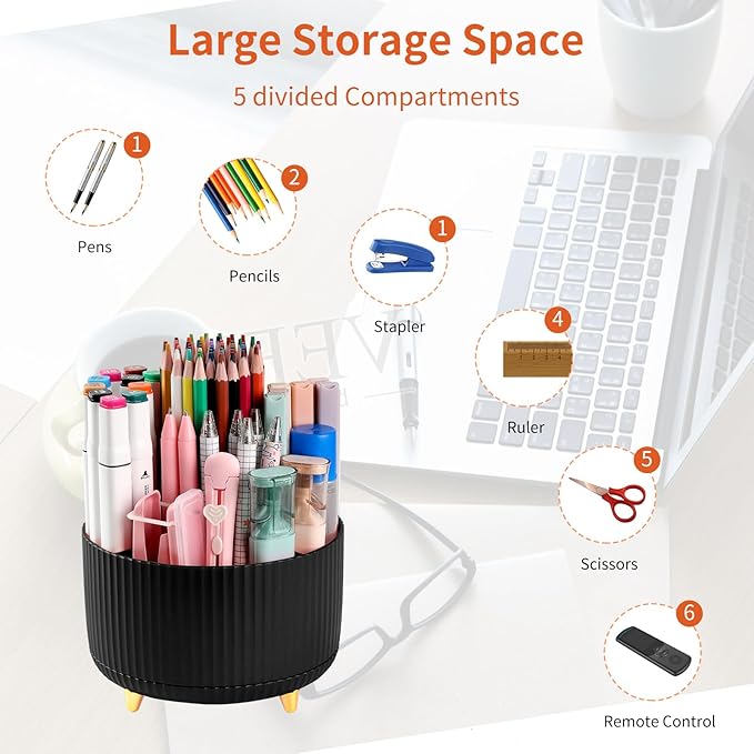 Desk Pen Holder, 5 Slot 360 Rotating Pen Organizer for Desk, Desktop Storage Stationery Supplies Organizer, Cute Pencil Cup Pot for Office, School, Home, Art Supply, Black