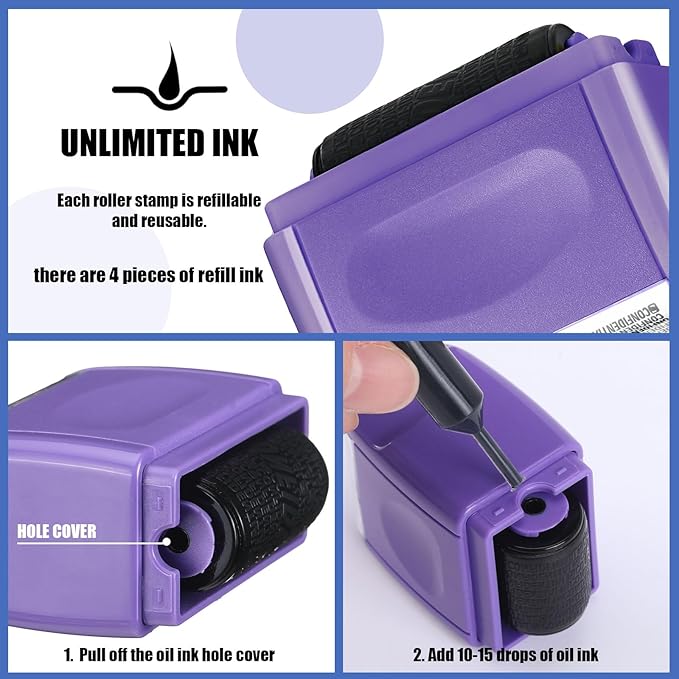 Nezyo 2 Pack Identity Protection Roller Stamp Identity Theft Stamp Confidential Roller Stamp Privacy Stamp Information Blocker Stamp and 4 Pack Refill Ink for ID Account Data Address Security (Purple)