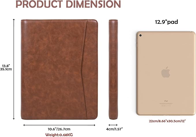 Personalized Leather Portfolio with Zipper, Professional Business Portfolio with A4/US letter Writing Pad holder for Resume, Interview, Leather Portfolio for Men and Women, Brown, Customized