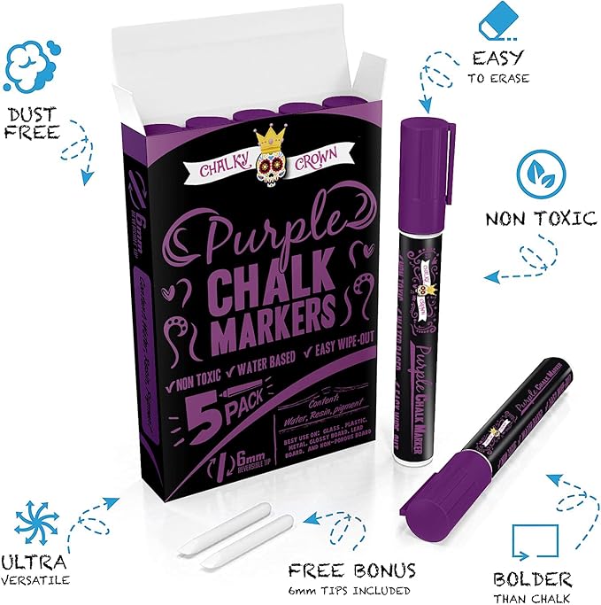 CHALKY CROWN Liquid Chalk Marker Pen - Dry Erase Marker - Chalk Markers for Chalkboard Signs, Windows, Blackboard, Glass - 6mm Reversible Tip (Purple, 5 Pack)