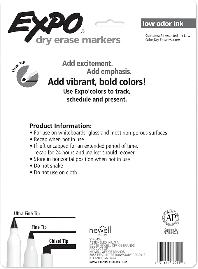 EXPO Dry Erase Markers, Whiteboard Markers with Low Odor Ink, Fine Tip, Assorted Vibrant Colors, 21 Count