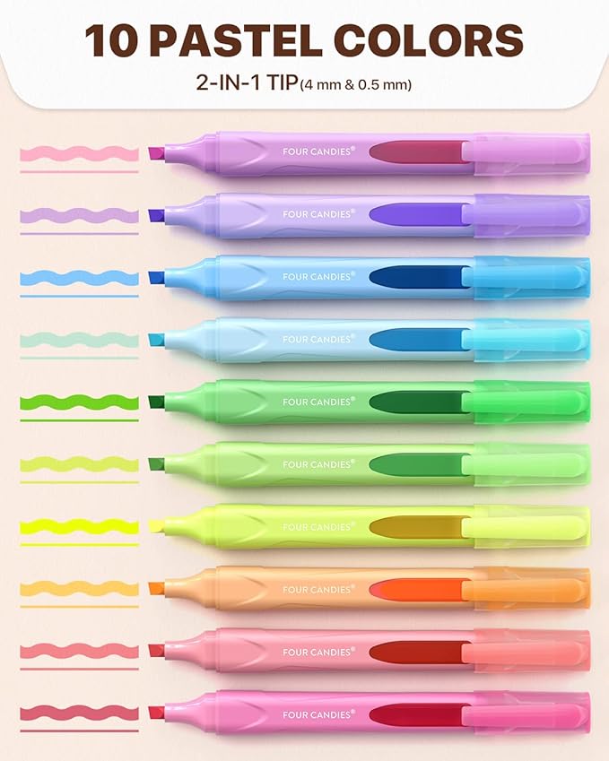 Four Candies Cute Pastel Highlighters, 10 PCS Highlighters Assorted Colors, Soft Chisel Tip, Clear Ink View, Aesthetic Highlighters Set for Organizing and Coloring