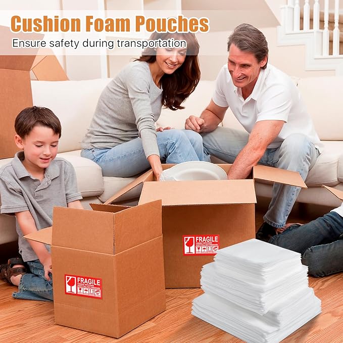 100 Pcs Foam Pouches, 4 Size Thicken Cushion Foam Pouches, Packing Moving Supplies Foam Sheets for Packing with Fragile Labels (14 x 14 Inch, 12 x 12 Inch, 12 x 7.5 Inch, 7.5 x 7.5 Inch)