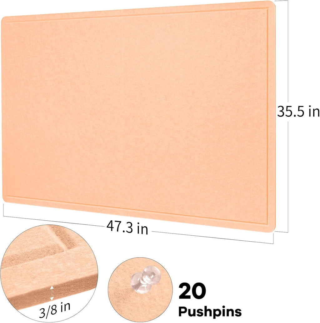Large Bulletin Board - 48 x 36 Inches, Decorative Felt Pin Board for Wall - 4' x 3' Foldable Photo Display Board with Self-Adhesive Tape, Includes 20 Push Pins - Melon