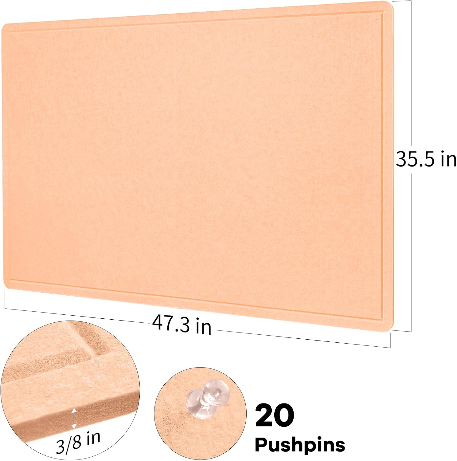 Large Bulletin Board - 48 x 36 Inches, Decorative Felt Pin Board for Wall - 4' x 3' Foldable Photo Display Board with Self-Adhesive Tape, Includes 20 Push Pins - Melon