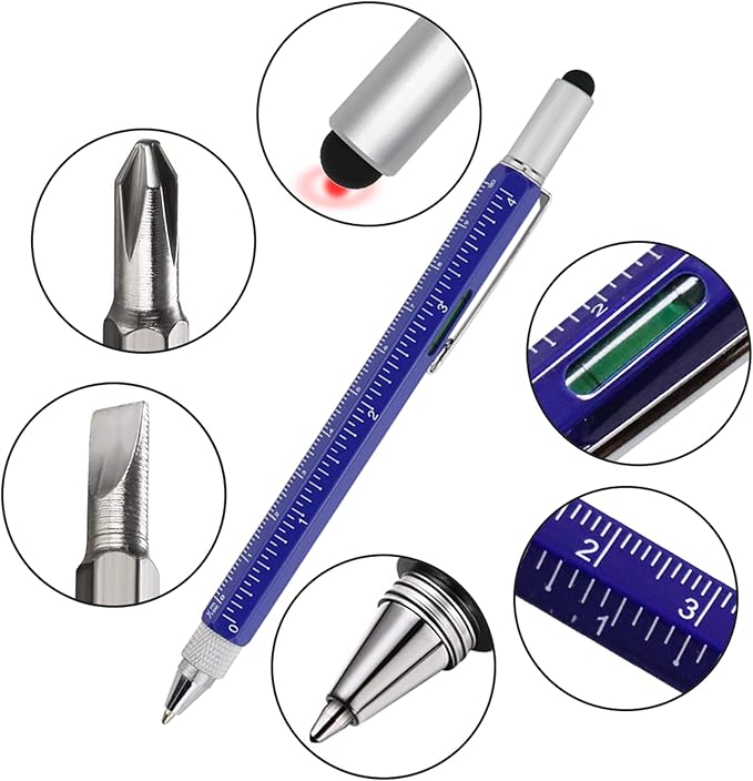 HeTaoCat Metal Multi tool Pen 6-in-1 Stylus Pen - With Screwdriver, Phillips Screwdriver, Flathead Bit Slotted Screwdriver, Ballpoint Pen Black ink, Stylus pen, Bubble Level and Ruler (Blue)