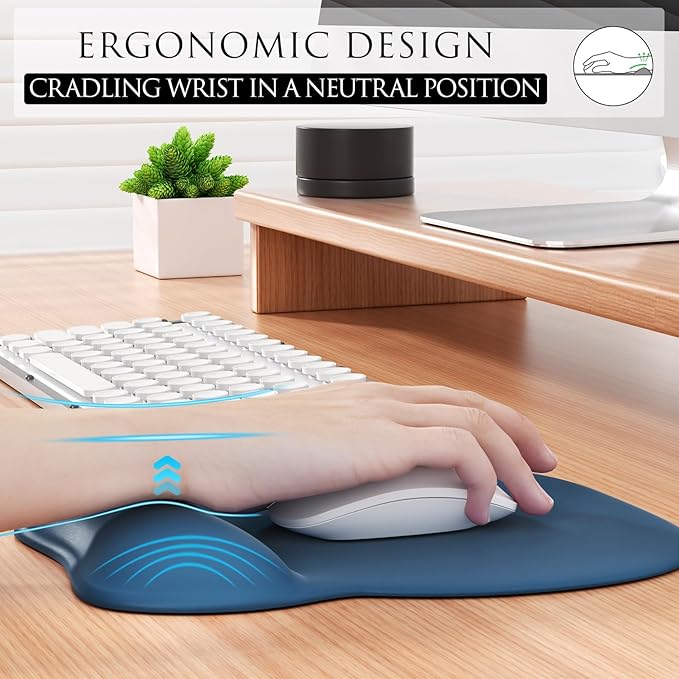 MROCO Ergonomic Mouse Pad with Gel Wrist Rest, Comfortable Mousepad with Smooth Wrist Support Surface and Non-Slip PU Base for Pain Relief, Computer, Laptop, Office & Home, 9.4 x 8.1 in, Navy Blue