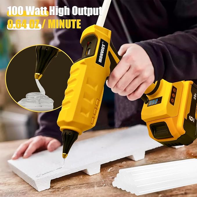 MONVICT Cordless Glue Gun for Dewalt 20V Battery, Upgraded 100W Digital Temperature Adjustable Handheld Electric Power Full Size Heavy Duty Hot Glue Gun with 10 Glue Sticks (Battery Not Included)