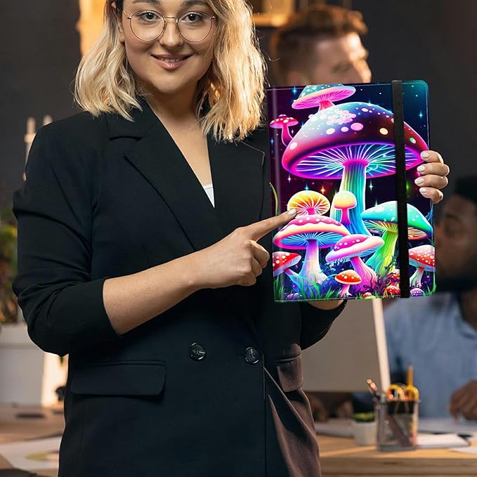 Gorgeous Mushrooms PU Leather Padfolio Clipboard Notepad with Pen Loop and Elastic Strap Interview/Resume Document Organizer for Business School Office