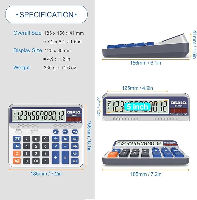 Desktop Calculator Extra Large 5in LCD Display 12-Digit Big Button Giant Accounting Calculator, Battery & Solar Powered, for Office Business & Home(OS-6815)