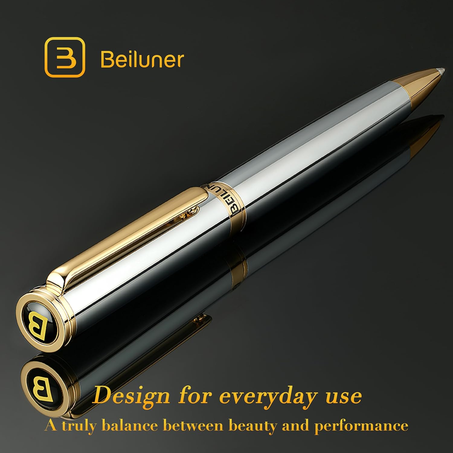 BEILUNER Silver Gold Gel Pen - Luxury Featuring sophisticated chrome finishes, with 24K Gold Accents, Best Pen Gift Set for Men & Women, Business Signature, Executive, Office Retractable Pens