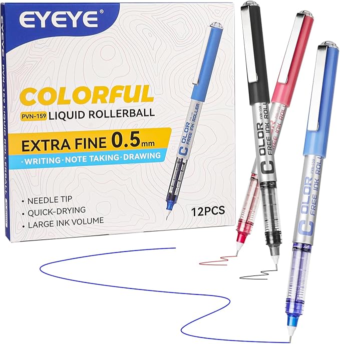 EYEYE Needle Rollerball Pens 0.5mm, 12 Pack 3 Colors Extra Fine Point Roller Ball Pen Quick Dry, Liquid Ink Pens Fine Point Smooth Writing Pen for Journaling, Note Taking, Office, School Supplies