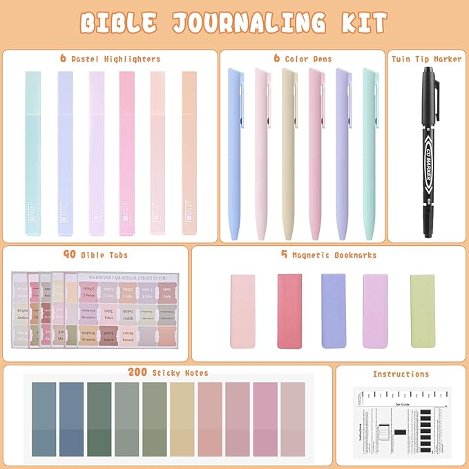 Bible Journaling Kit, Include 6 Bible Highlighters and 6 Pens No Bleed, 90 Laminated Bible Tabs, Magnetic Bookmarks, Sticky Notes, Bible Study Supplies Essentials Set for Women & Men