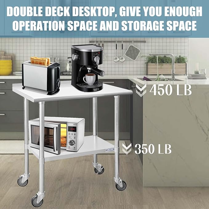 HALLY Stainless Steel Table for Prep & Work 24 x 36 Inches with Caster Wheels, NSF Commercial Heavy Duty Table with Undershelf and Backsplash for Restaurant, Home and Hotel