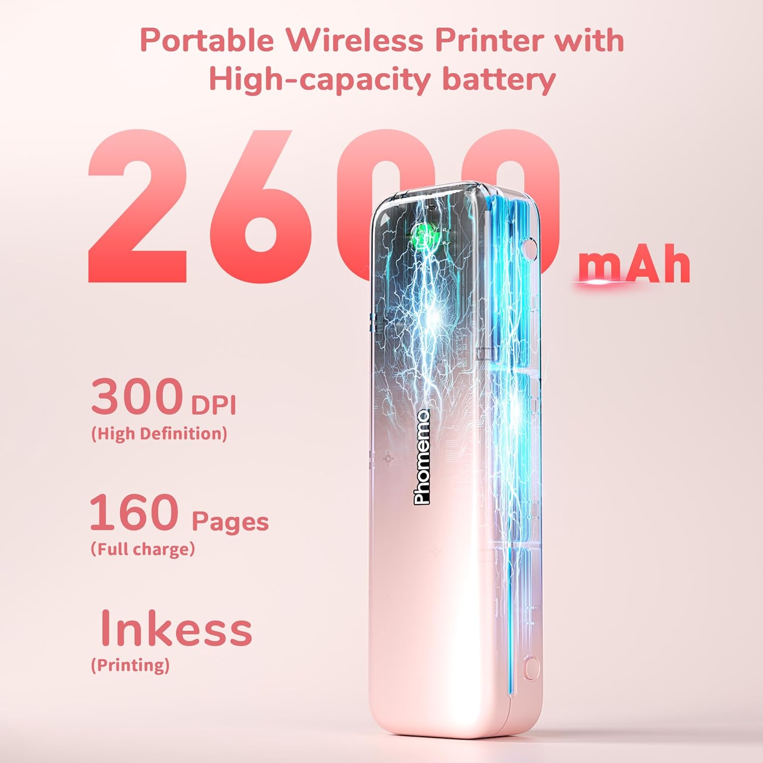 Phomemo Portable Printers Wireless for Travel Upgraded,M834 Bluetooth Thermal Printer 8.5" x 11"& A4 Size,Inkless Mobile Printer with Carry Case for Travel,Office,School,Car,Home,Pink