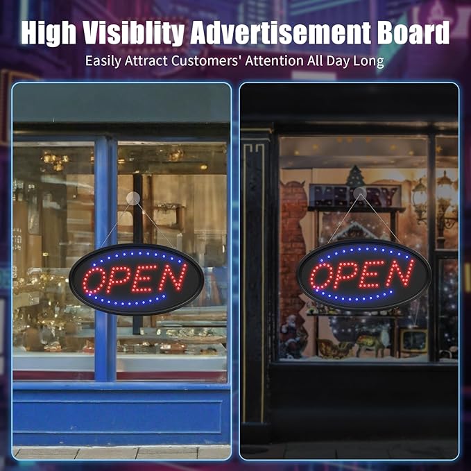 LED Open Sign for Business, Neon Open Sign LED Electronic Billboard Advertising Board Light Up Display Sign, 2 Modes Flashing Light for Wall, Window, Store, Bar, Cafe, Shop (Oval 19x10 in)