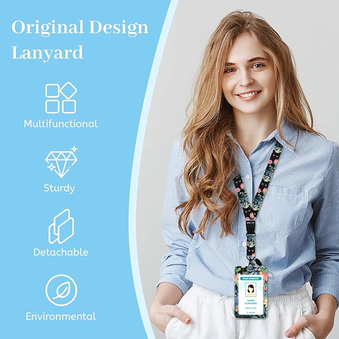 Lanyards for Id Badges, Cat Flower Floral Badge Holder with Retractable Reel Clip, Cute Work Name Tags Keychain Lanyard ID Card Protector Cover Case for Women Teacher Nurse Doctor Office