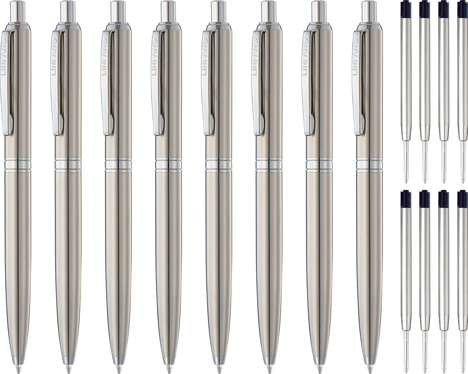 LINFANC 8 Pack Ballpoint Pens, Premium Retractable Metal Ballpoint Pen, Medium Point 1.0mm Black Ink Pen for Home School Work Office Supplies, Stainless Steel Trim, Extra 8 Refills