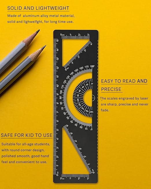 4-in-1 Geometry Set, Metal Math Ruler Kit- Aluminium Protractor, 2 Precision Triangles, Straight Edge Rule - Multifunctional Drafting& Measuring Small Ruler for Kids School - 6 inch, Black