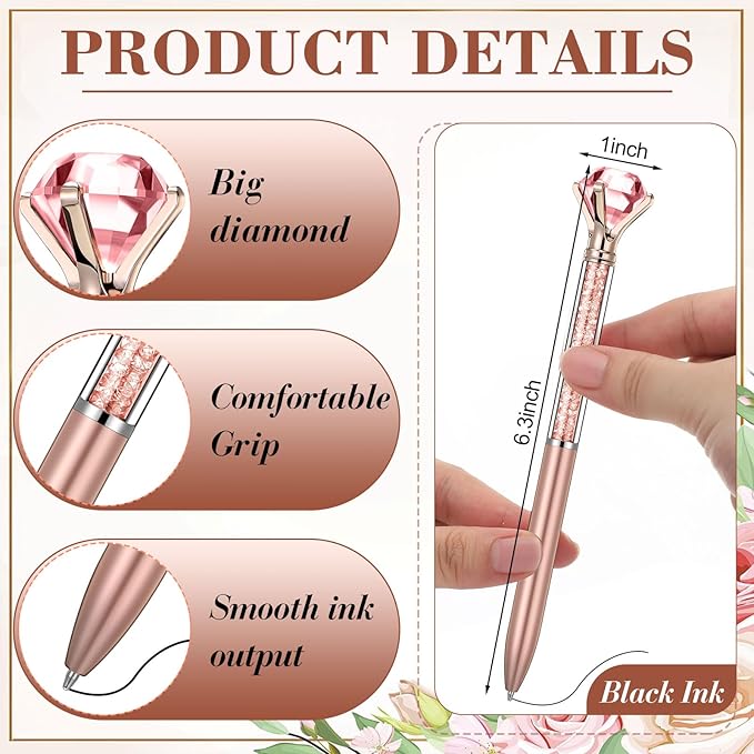 Sherr 100 Pack Big Crystal Diamond Pens Cute Ballpoint Pens Retractable Ballpoint Rhinestones Crystal Bling Gem Plated Black Gel Ink Office Supplies Gifts for Women(Rose Gold,Glitter)