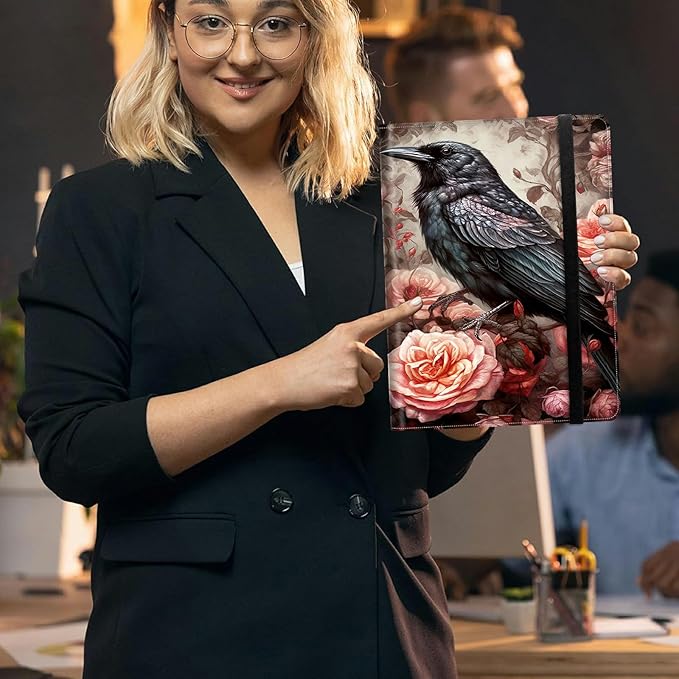 Bird and Roses Padfolio Folder with Clipboard,Portfolios Organizer Clipboards with Storage Clipboard Writing Pad PU Leather Conference Document Organizer with Business Card Holder