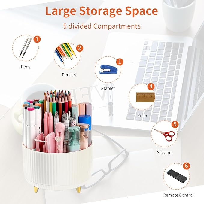 Desk Pencil Pen Holder, 5 Slots 360°Degree Rotating Pencil Pen Organizers for Desk, Desktop Storage Stationery Supplies Organizer, Cute Pencil Cup Pot for Office, School, Home, Art Supply, Beige