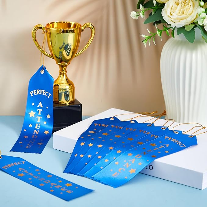 Hotop 100 Pieces Attendance Award Ribbons Participation Ribbon Blue Award with Event Card and Rope Award for Kids Competition, Sports Event, Contests, School, Office Team