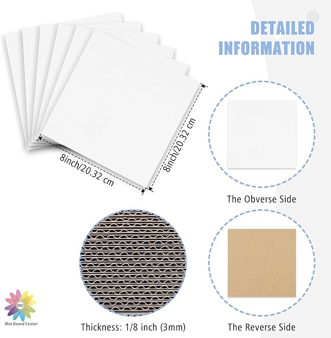 Mat Board Center, 25 Pack 8x8 Corrugated Cardboard sheet, 1/8 inch thick, Flat Cardboard Inserts for Mailing, Packaging & Shipping, Cardboard Backing, Craft Card Board (White on one side)