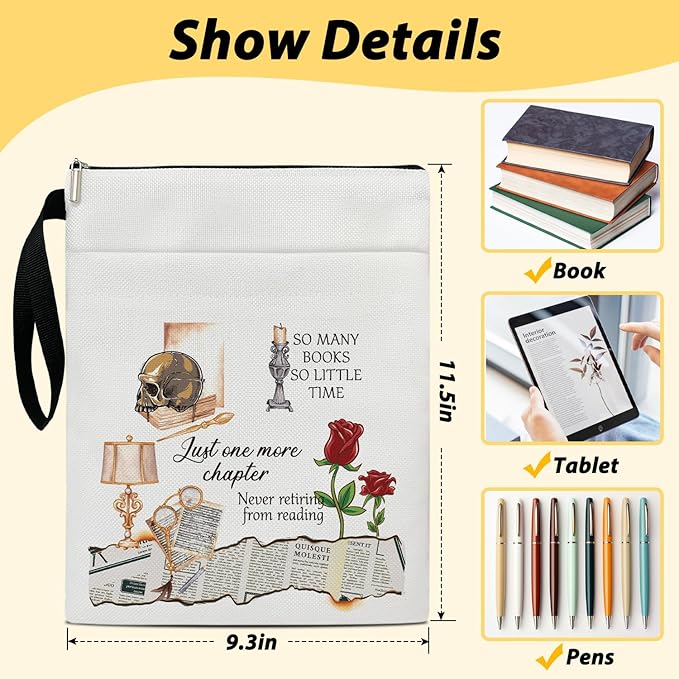 So Many Books So Little Time - Skulls and Roses Book Sleeve, Book Lovers Gifts Book Pouch Book Sleeve with Zipper and Front Pocket Reader Gifts Birthday Gifts for Adult Teen Teacher -04