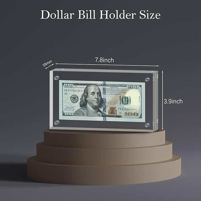 Dollar Bill Frame Display Acrylic Dollar Bill Holder 3.9X7.8Inch Thickened Frame for Dollar Bill Display Case Magnet Currency Display Frame Self Standing for Money Ticket Picture Photos Display Case