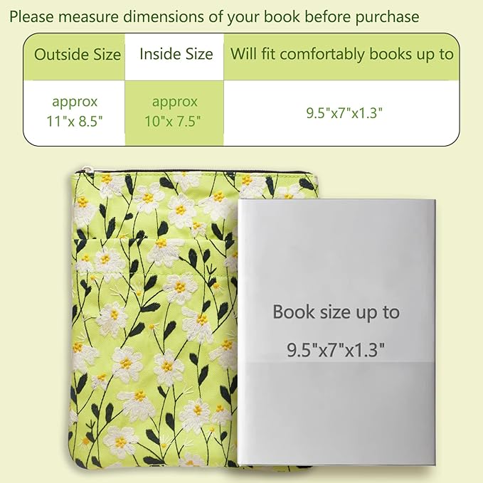 LParkin Daisy Flower Embroidery Book Sleeve with Zipper for Readers Protector Cover Gift for Book Lovers, 11x 8.5 Inch Washable Fabric, Daisy White(White)