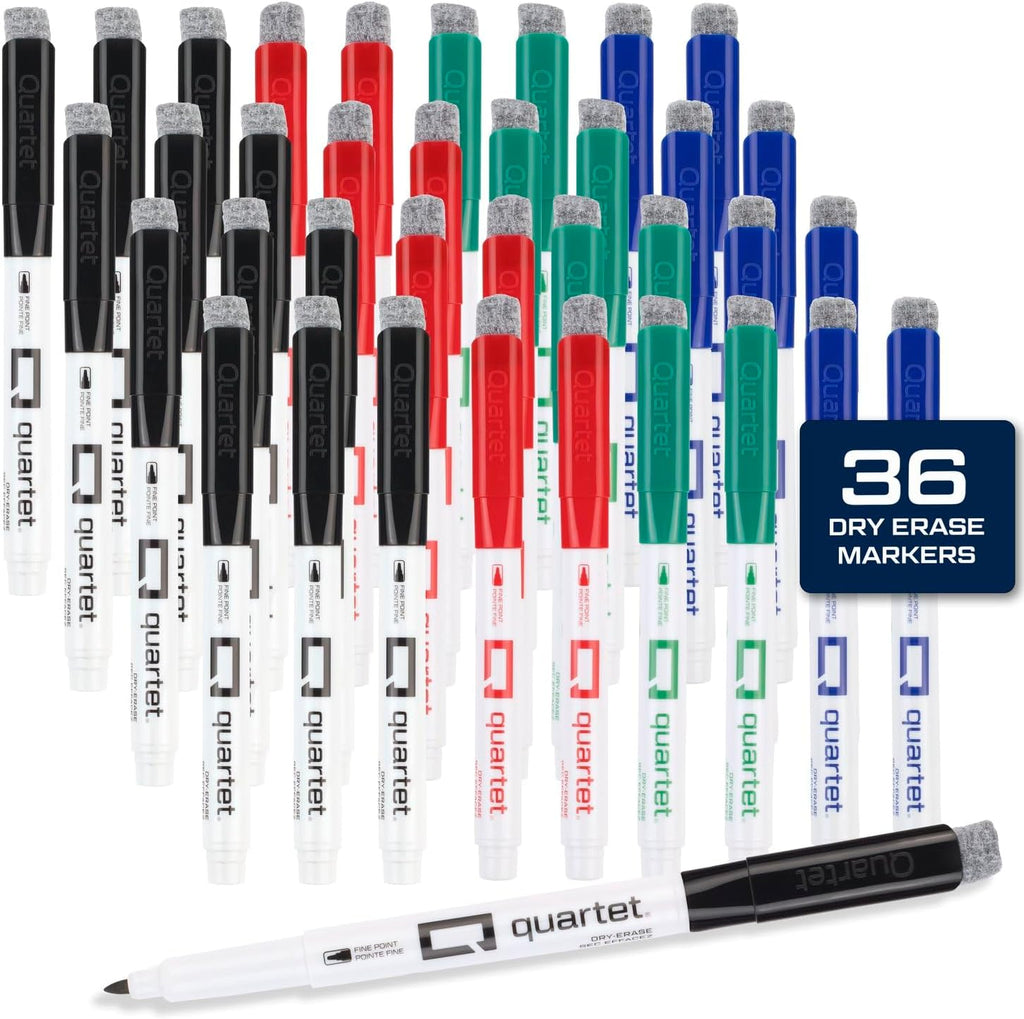 Quartet Dry Erase Markers, Fine Tip White Board Dry Erase Markers with DryGuard Ink Protection, Office Essentials, Black, Red, Blue, Green, 36 Pack (Q120Z03-R)